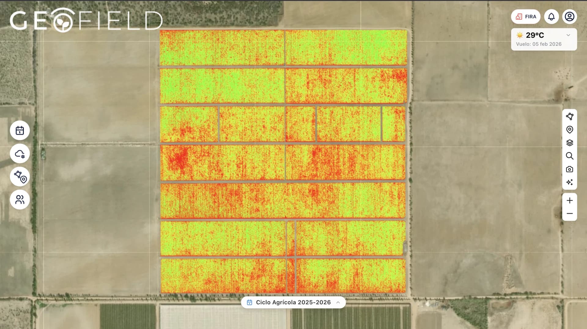 GeoField - interfaz de la plataforma con mapa multiespectral y herramientas de analisis
