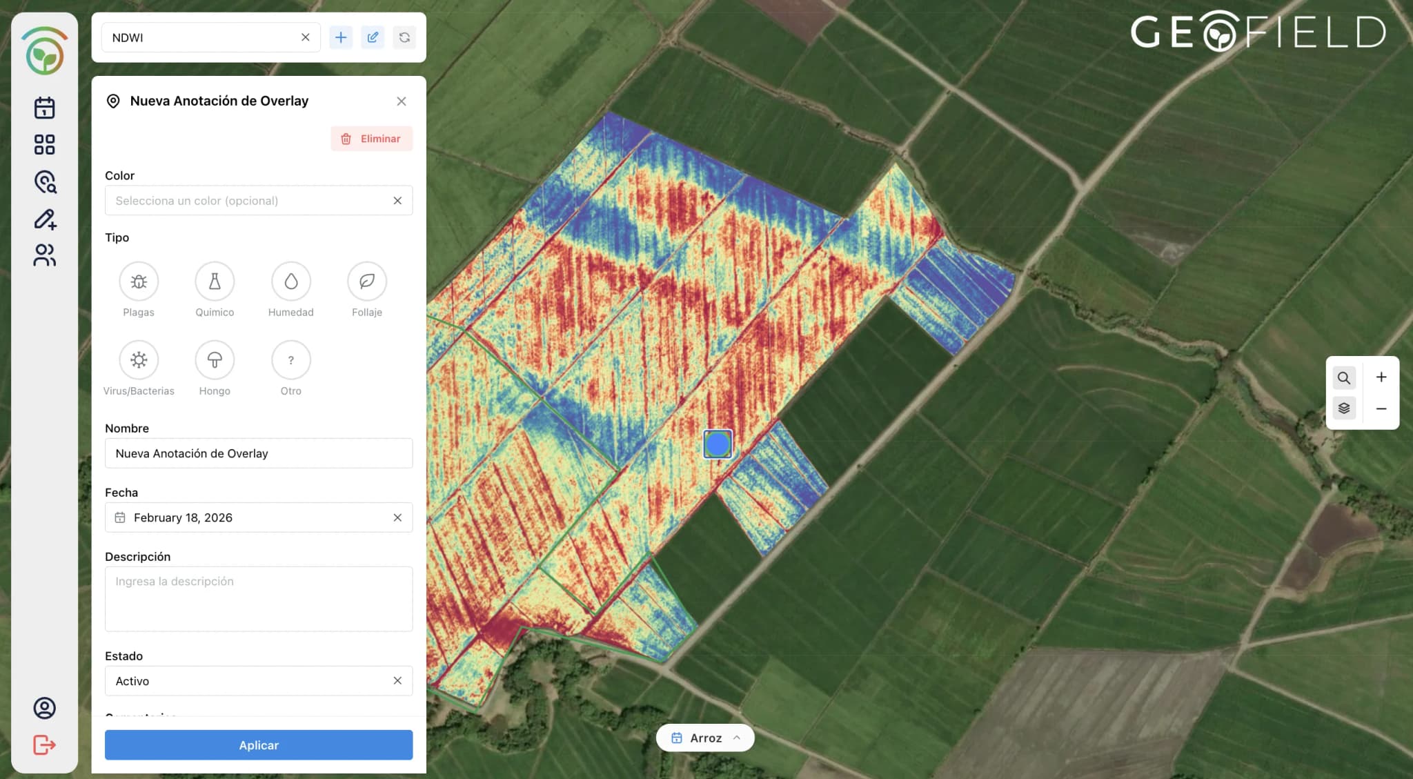GeoField – análisis NDWI con panel de anotaciones sobre cultivo