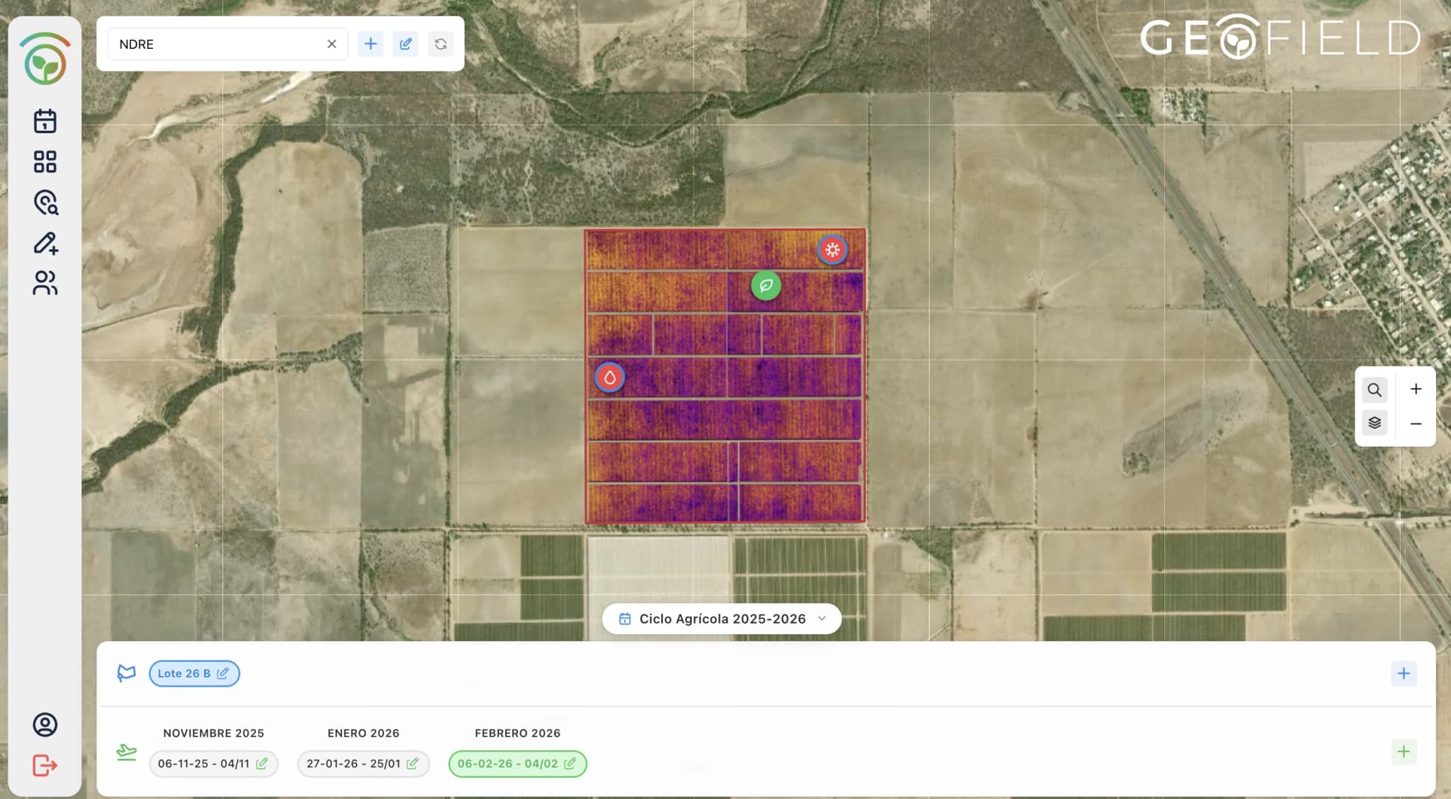 GeoField – índice NDRE con línea de tiempo agrícola