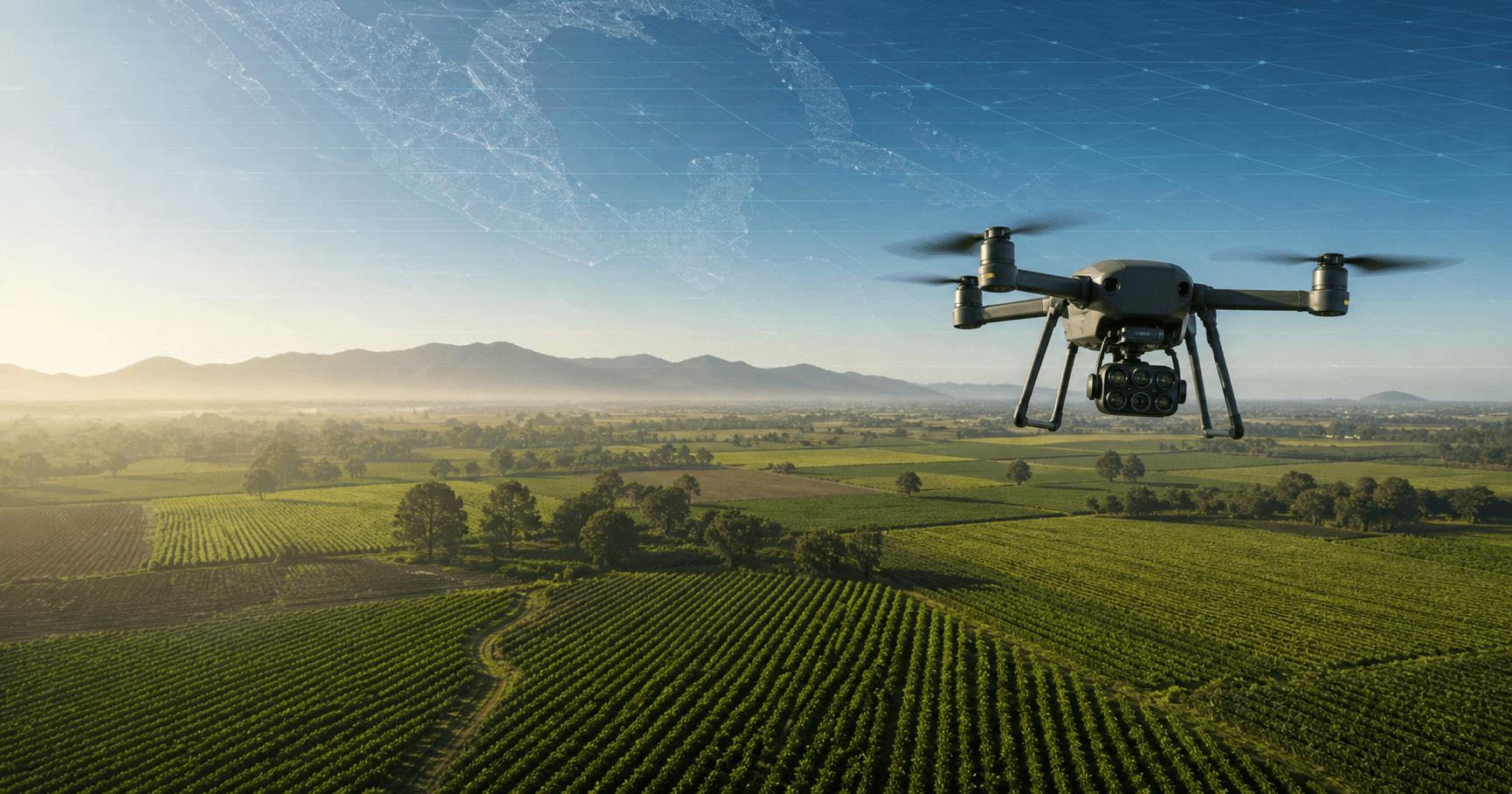 Dron multiespectral sobre cultivos con una representación de datos satelitales